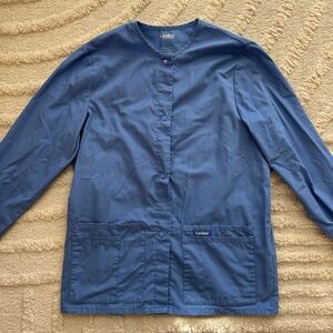 Landau Medical Scrub Jacket Blue Long Sleeve Snap Front Top Size XSM